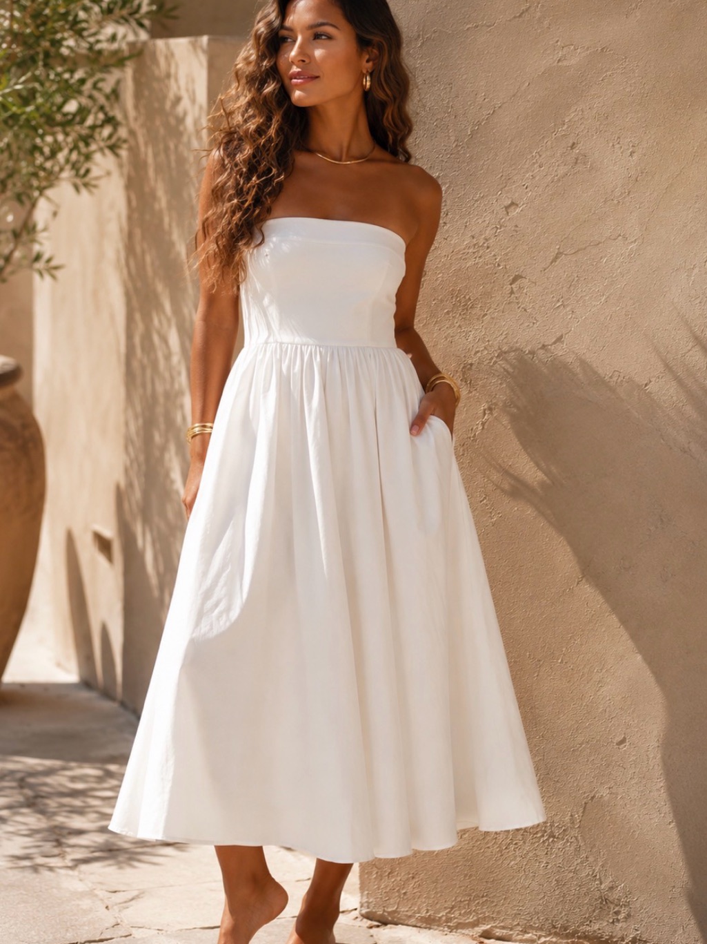 Strapless White Midi Dress With Pockets